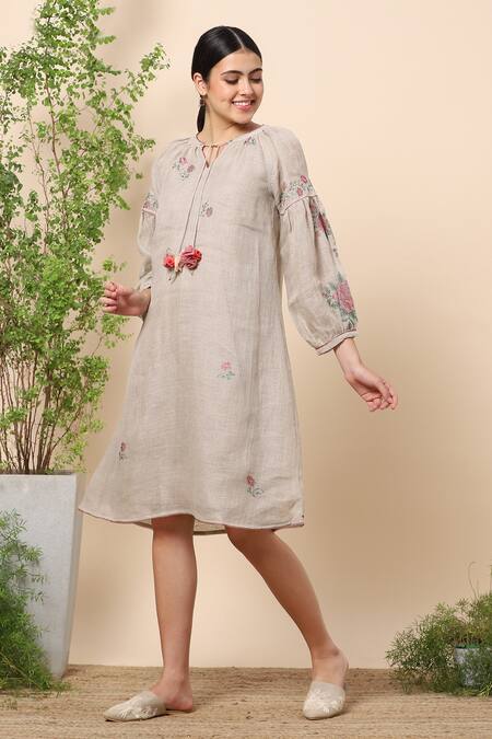 Kaveri Beige Linen Crystals Notched Dress Online at Aza Fashions Kaveri_Beige Linen Crystals Notched Dress _Online_at_Aza_Fashions