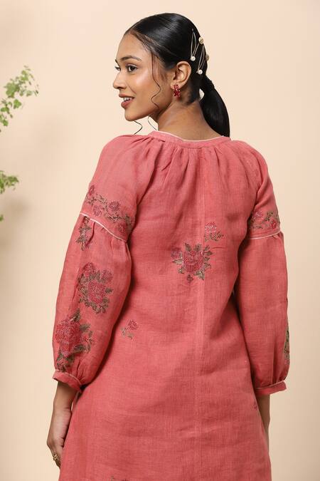 Kaveri Pink Linen Crystals Notched Dress at Aza Fashions Kaveri_Pink Linen Crystals Notched Dress _at_Aza_Fashions