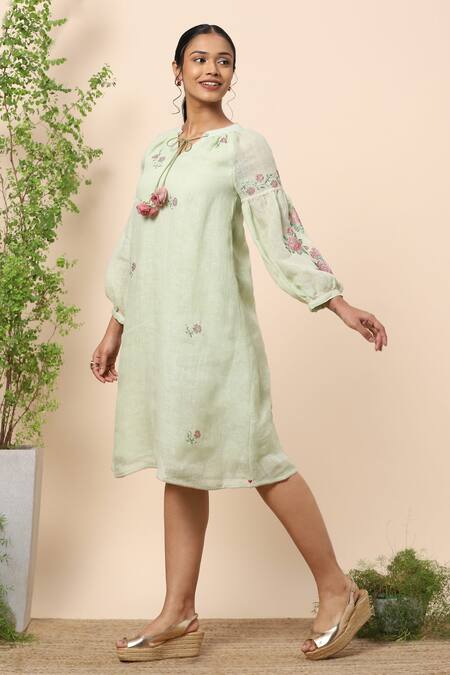 Kaveri Green Linen Crystals Notched Dress Online at Aza Fashions Kaveri_Green Linen Crystals Notched Dress _Online_at_Aza_Fashions