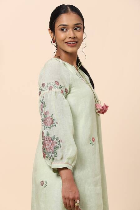 Buy Kaveri Green Linen Crystals Notched Dress Online at Aza Fashions Buy_Kaveri_Green Linen Crystals Notched Dress _Online_at_Aza_Fashions