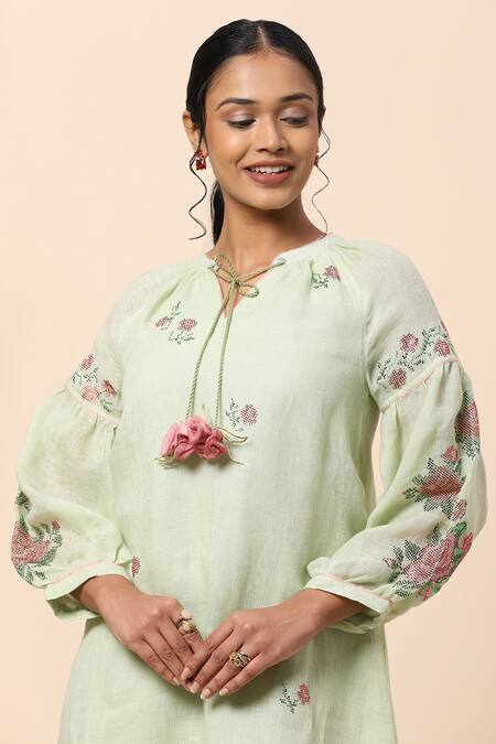 Shop Kaveri Green Linen Crystals Notched Dress Online at Aza Fashions Shop_Kaveri_Green Linen Crystals Notched Dress _Online_at_Aza_Fashions
