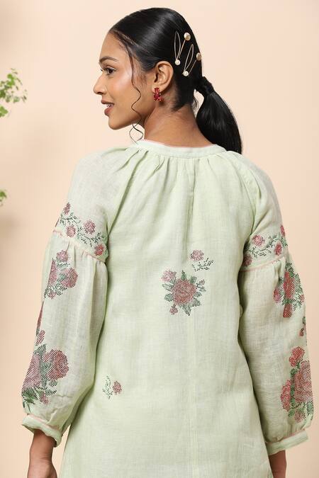 Kaveri Green Linen Crystals Notched Dress at Aza Fashions Kaveri_Green Linen Crystals Notched Dress _at_Aza_Fashions