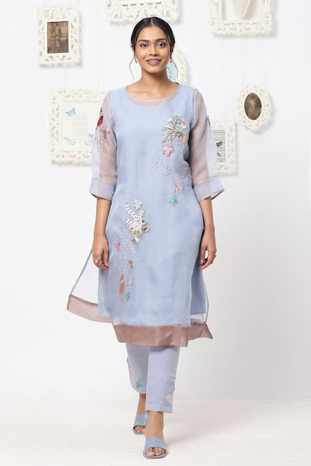 Kaveri Blue Inner Kurta And Pant 100% Linen & Kurta 100% Silk Organza & Set