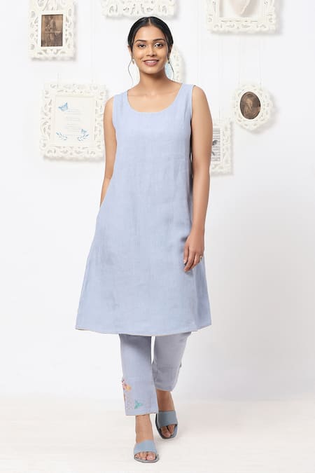 Kaveri_Blue Inner Kurta And Pant 100% Linen & Kurta 100% Silk Organza & Set  _Online_at_Aza_Fashions