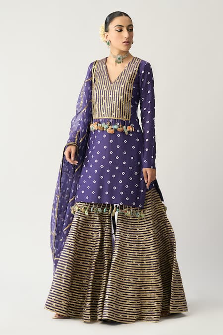 Itrh Blue Silk Chanderi Bandhani V Neck Striped And Kurta Gharara Set