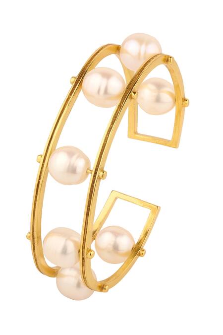 Anaash_White Pearl And Metal Cuff Bracelet _Online_at_Aza_Fashions