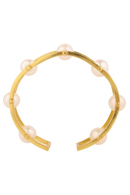 Stunning Hinged Enamel Pearl Bangle Bracelet 14K Yellow & White Gold
