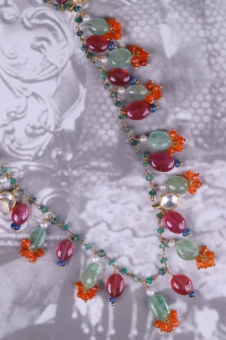 Osvag India_Gold Plated Semi Precious Polki Bead Drop Necklace _at_Aza_Fashions