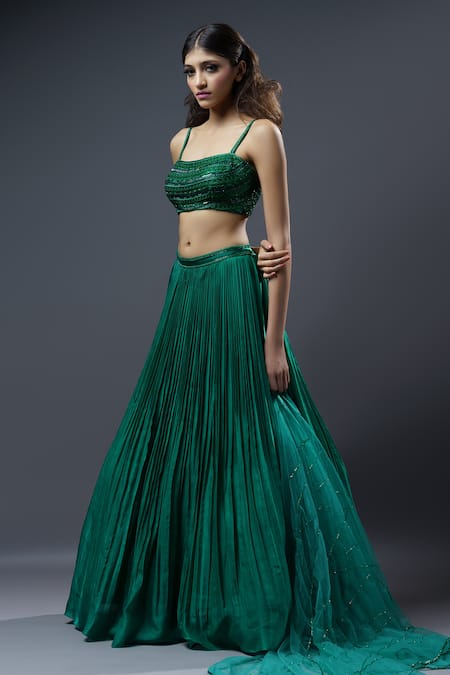 Astha Batra Green Satin Georgette Embroidered Zari Sweetheart Blouse Pleated Lehenga Set 