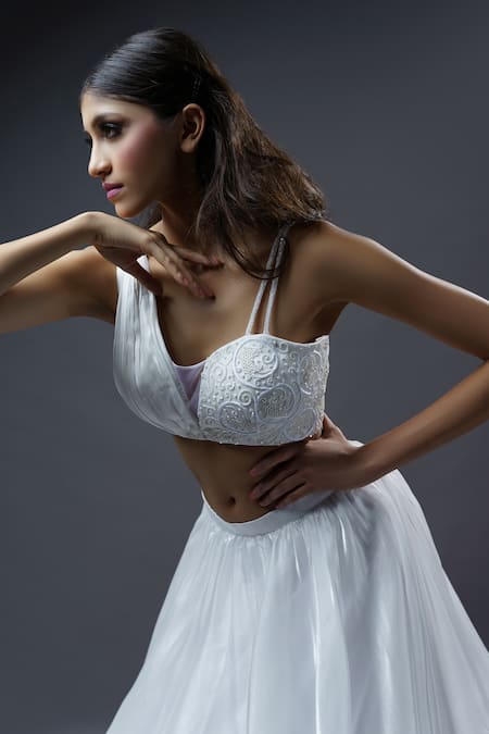 Buy_Astha Batra_White Dupatta Georgette And Net, Lehenga Organza & Blouse Set_Online_at_Aza_Fashions