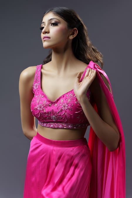 Astha Batra_Fuchsia Satin Georgette Sequin Work V Neck Long Cape And Palazzo Set_Online_at_Aza_Fashions