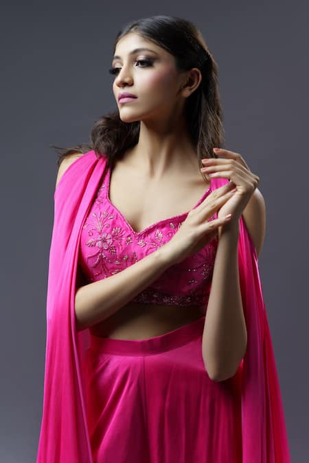 Buy_Astha Batra_Fuchsia Satin Georgette Sequin Work V Neck Long Cape And Palazzo Set_Online_at_Aza_Fashions