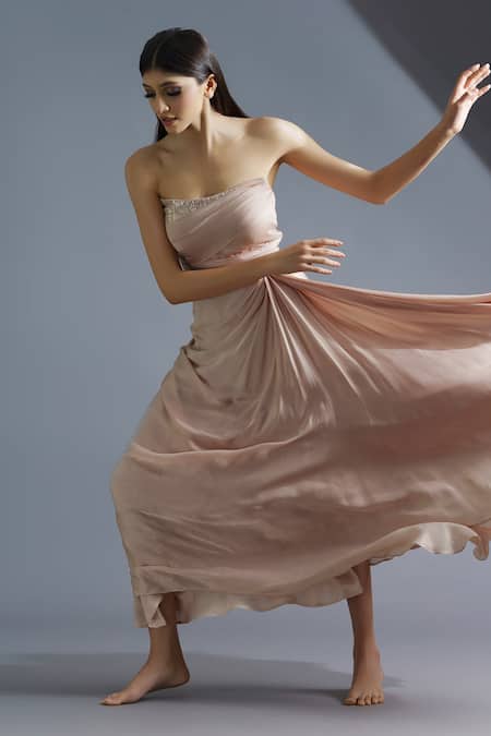 Shop Astha Batra Pink Satin Georgette Sequins Work Straight Erica Pleated Draped Gown at Aza Fashions Shop_Astha Batra_Pink Satin Georgette Sequins Work Straight Erica Pleated Draped Gown_at_Aza_Fashions