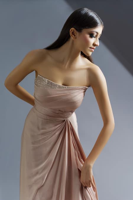 Astha Batra Pink Satin Georgette Sequins Work Straight Erica Pleated Draped Gown Online at Aza Fashions Astha Batra_Pink Satin Georgette Sequins Work Straight Erica Pleated Draped Gown_Online_at_Aza_Fashions