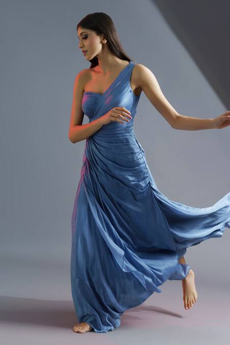 Astha Batra_Blue Satin Georgette One Shoulder Carolina Pleated Gown _Online_at_Aza_Fashions