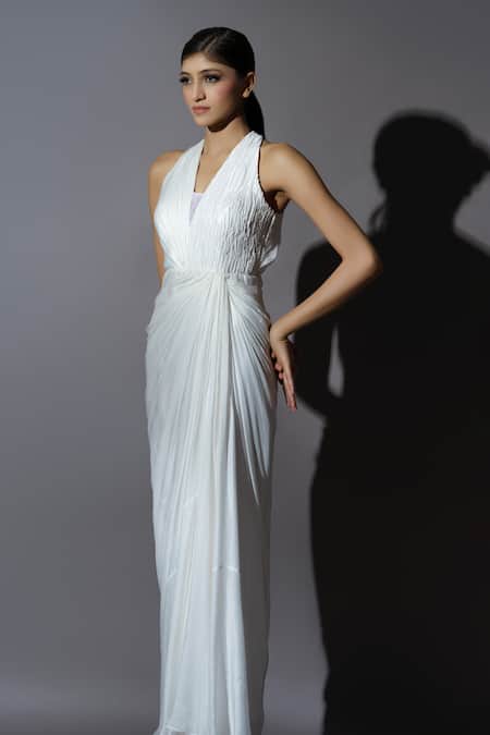 Buy Astha Batra White Satin Georgette Sequin And Cutdana Work Embroidered Pleated Drape Gown Online at Aza Fashions Buy_Astha Batra_White Satin Georgette Sequin And Cutdana Work Embroidered Pleated Drape Gown _Online_at_Aza_Fashions