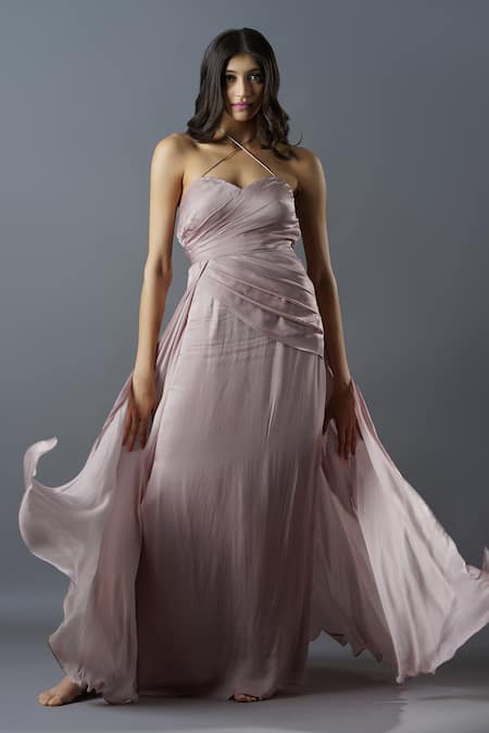 Shop Astha Batra Pink Satin Georgette Halter Neck Waterfall Pleated Draped Gown at Aza Fashions Shop_Astha Batra_Pink Satin Georgette Halter Neck Waterfall Pleated Draped Gown _at_Aza_Fashions