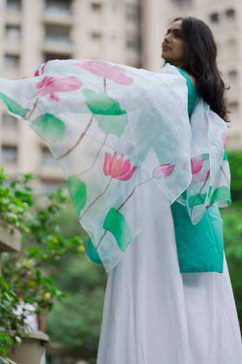 Shop_Anaya By Akruthi_Blue Swiss Organza Hand Painted Dupatta_Online_at_Aza_Fashions