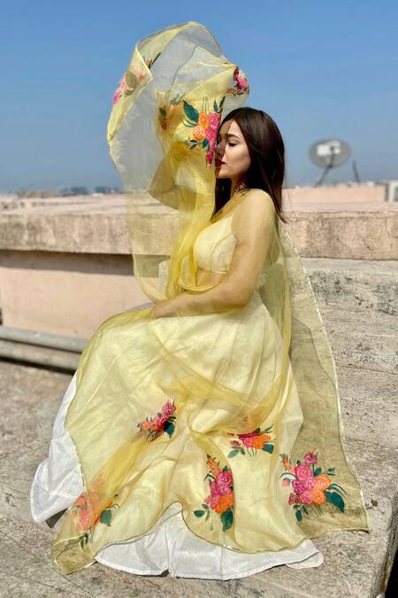 Buy_Anaya By Akruthi_Yellow Swiz Organza Hand Painted Dupatta_Online_at_Aza_Fashions