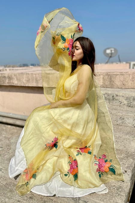 Shop_Anaya By Akruthi_Yellow Swiz Organza Hand Painted Dupatta_Online_at_Aza_Fashions