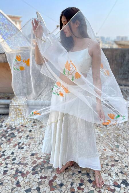 Anaya By Akruthi_White Swiz Organza Hand Painted Dupatta_Online_at_Aza_Fashions