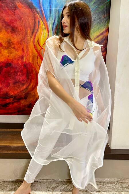 Anaya By Akruthi_White Swiz Organza Collared Neck Hand Painted Asymmetric Shirt_Online_at_Aza_Fashions