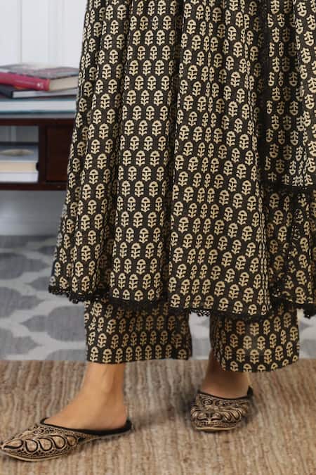 Gulabo Jaipur_Black Cotton Voile Round Abaya Block Print Kurta Set _at_Aza_Fashions