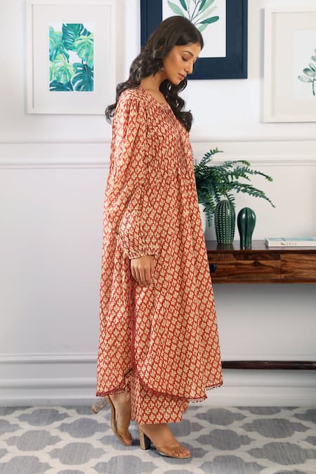 Gulabo Jaipur Red Cotton Voile Round Abaya Block Print Kurta Set Online at Aza Fashions Gulabo Jaipur_Red Cotton Voile Round Abaya Block Print Kurta Set _Online_at_Aza_Fashions