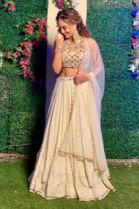 Aaryaa By Kashveen Kohli White Georgette Thread And Mirror, Acrylic Round Embroidered Lehenga & Blouse Set 
