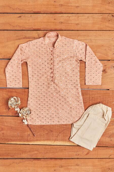 Shop All Boy Couture Pink Cotton, Silk Sequins, Embroidery Lucknowi Achkan And Pajama Set at Aza Fashions Shop_All Boy Couture_Pink Cotton, Silk Sequins, Embroidery Lucknowi Achkan And Pajama Set _at_Aza_Fashions