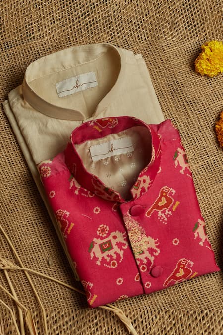 All Boy Couture Pink Cotton Silk Printed Patola Nehru Jacket Kurta Set 