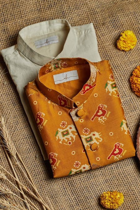 Shop All Boy Couture Yellow Chanderi, Cotton, Silk Patola Print Kurta Set With Nehru Jacket at Aza Fashions Shop_All Boy Couture_Yellow Chanderi, Cotton, Silk Patola Print Kurta Set With Nehru Jacket _at_Aza_Fashions