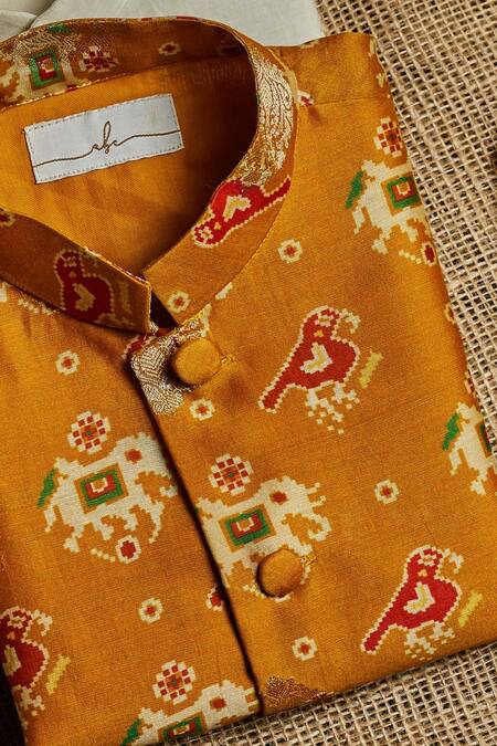 All Boy Couture Yellow Chanderi, Cotton, Silk Patola Print Kurta Set With Nehru Jacket Online at Aza Fashions All Boy Couture_Yellow Chanderi, Cotton, Silk Patola Print Kurta Set With Nehru Jacket _Online_at_Aza_Fashions