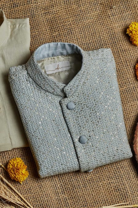 Shop All Boy Couture Blue Chanderi Sequins, Embroidery Nehru Jacket Kurta Set at Aza Fashions Shop_All Boy Couture_Blue Chanderi Sequins, Embroidery Nehru Jacket Kurta Set _at_Aza_Fashions