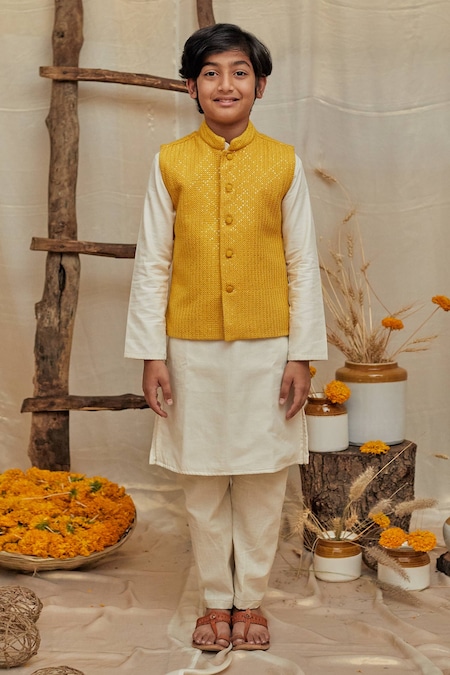 White Kurta Set With Yellow Nehru Jacket – Curato