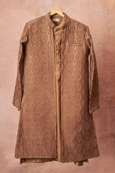All Boy Couture Brown Satin, Silk, Sequins, Embroidery Achkan And Kurta Set 
