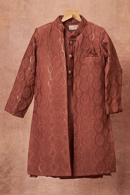 All Boy Couture Maroon Cotton, Silk Sequins, Embroidery Wine Achkan Set 