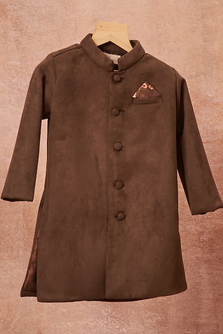 Shop All Boy Couture Grey Crepe, Suede, Silk Embroidery Sherwani And Printed Pajama Set at Aza Fashions Shop_All Boy Couture_Grey Crepe, Suede, Silk Embroidery Sherwani And Printed Pajama Set _at_Aza_Fashions