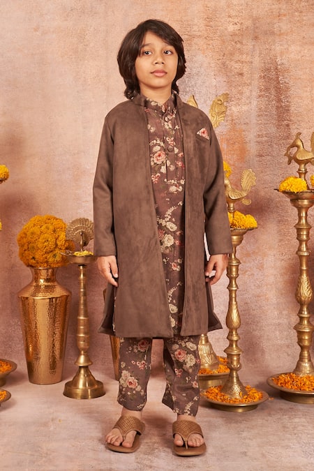 Shop All Boy Couture Grey Suede, Crepe, Silk Embroidery Jacket And Printed Kurta Set at Aza Fashions Shop_All Boy Couture_Grey Suede, Crepe, Silk Embroidery Jacket And Printed Kurta Set _at_Aza_Fashions