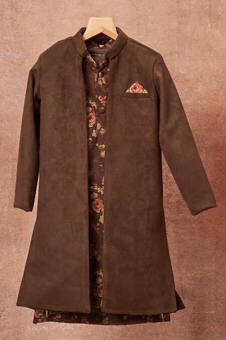 All Boy Couture Grey Suede, Crepe, Silk Embroidery Jacket And Printed Kurta Set Online at Aza Fashions All Boy Couture_Grey Suede, Crepe, Silk Embroidery Jacket And Printed Kurta Set _Online_at_Aza_Fashions