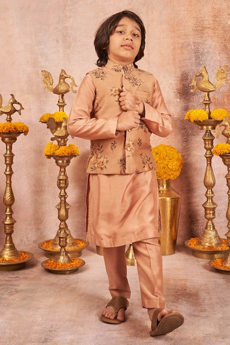 All Boy Couture Pink Tussar, Cotton, Silk Embroidery Floral Printed Nehru Jacket Kurta Set 