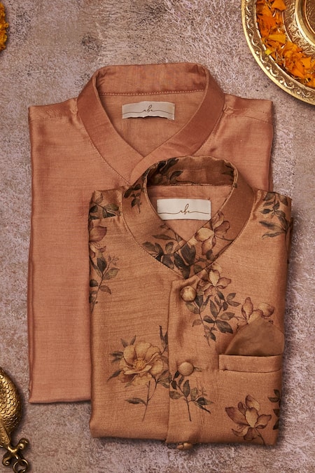 Shop All Boy Couture Pink Tussar, Cotton, Silk Embroidery Floral Printed Nehru Jacket Kurta Set at Aza Fashions Shop_All Boy Couture_Pink Tussar, Cotton, Silk Embroidery Floral Printed Nehru Jacket Kurta Set _at_Aza_Fashions