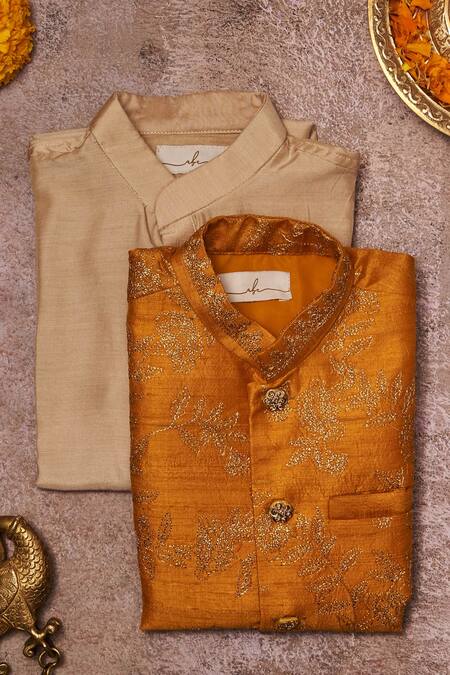 All Boy Couture_Yellow Muslin, Cotton, Silk Embroidery Floral Zari Kurta Set_Online_at_Aza_Fashions