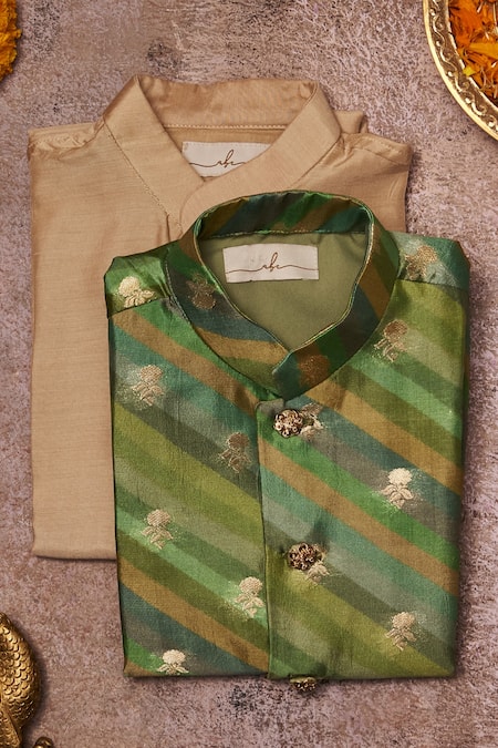 Shop All Boy Couture Green Muslin, Cotton, Silk Zari, Embroidery Jacket And Kurta Set at Aza Fashions Shop_All Boy Couture_Green Muslin, Cotton, Silk Zari, Embroidery Jacket And Kurta Set _at_Aza_Fashions
