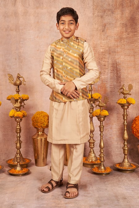 All Boy Couture Beige Cotton, Silk, Muslin Embroidery, Zari Kurta Set With Nehru Jacket 