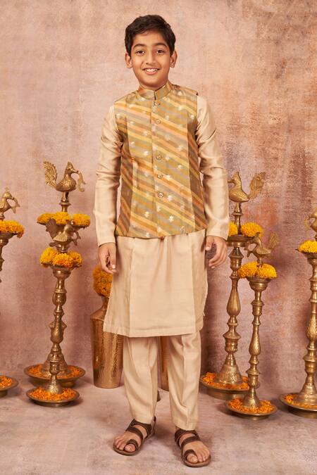 Shop All Boy Couture Beige Cotton, Silk, Muslin Embroidery, Zari Kurta Set With Nehru Jacket at Aza Fashions Shop_All Boy Couture_Beige Cotton, Silk, Muslin Embroidery, Zari Kurta Set With Nehru Jacket _at_Aza_Fashions
