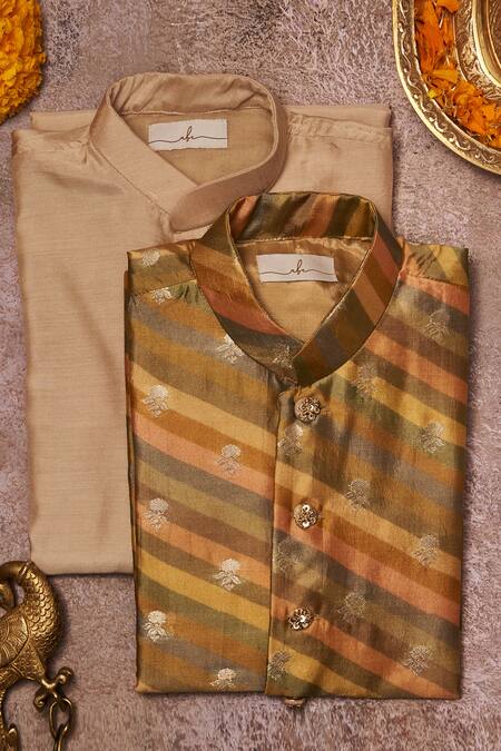 All Boy Couture Beige Cotton, Silk, Muslin Embroidery, Zari Kurta Set With Nehru Jacket Online at Aza Fashions All Boy Couture_Beige Cotton, Silk, Muslin Embroidery, Zari Kurta Set With Nehru Jacket _Online_at_Aza_Fashions