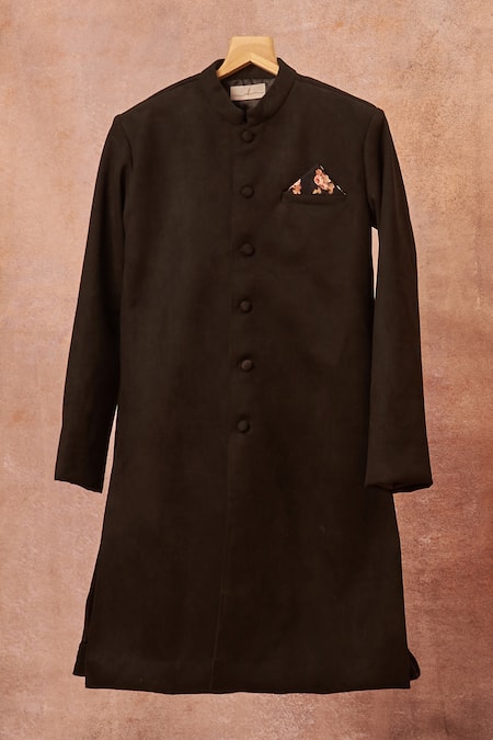Shop All Boy Couture Black Crepe, Suede Sherwani And Printed Pajama Set at Aza Fashions Shop_All Boy Couture_Black Crepe, Suede Sherwani And Printed Pajama Set _at_Aza_Fashions