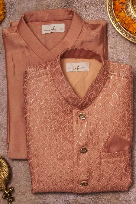Shop All Boy Couture Pink Chanderi, Cotton, Silk Sequins, Thread Work Kurta Set With Nehru Jacket at Aza Fashions Shop_All Boy Couture_Pink Chanderi, Cotton, Silk Sequins, Thread Work Kurta Set With Nehru Jacket _at_Aza_Fashions