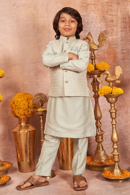 All Boy Couture Blue Chanderi, Cotton Satin, Cotton, Silk Sequins, Embroidery Jacket And Kurta Set 